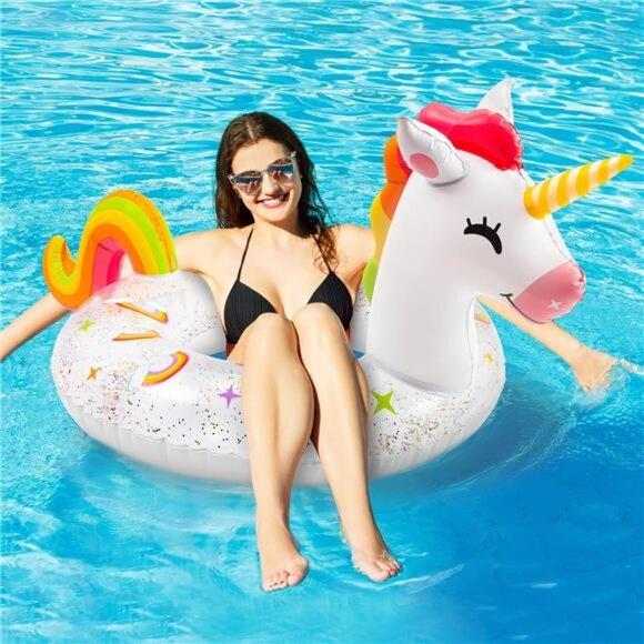 Unicorn Inflatable Pool Float with Glitters Inflation Swimming Ring Pool - Picture 6 of 7